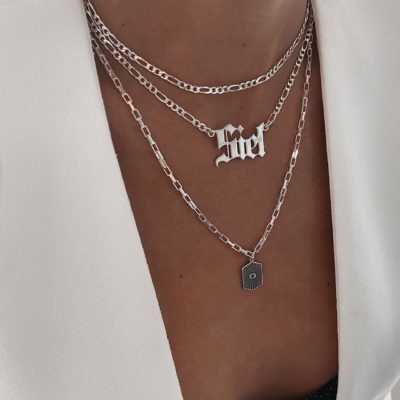 שרשרת חריטה שם גותית לבחירה עם שרשרת גורמט כסף אמיתי 925