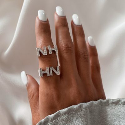 טבעת שתי אותיות משובצות לבחירה אישית כסף אמיתי 925