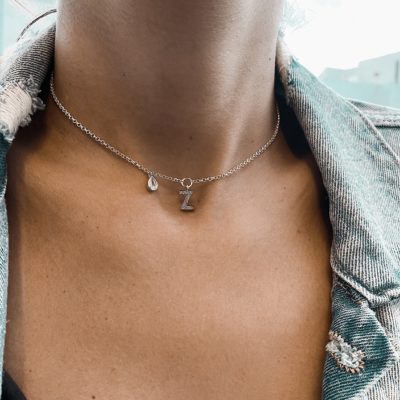 שרשרת כסף 925 צ'וקר עם תליון אות Z וטיפת זרקון