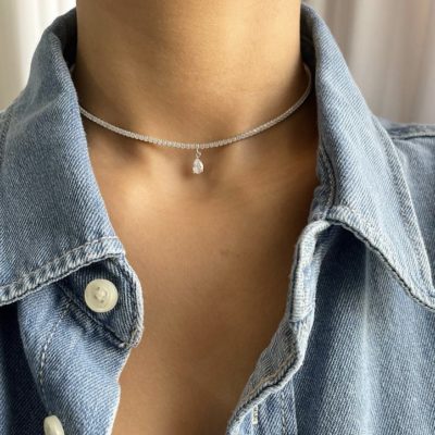 שרשרת לונדון טניס צ'וקר כסף אמיתי 925 עם תליון באמצע משובץ זרקון וכל השרשרת משובצת זרקונים