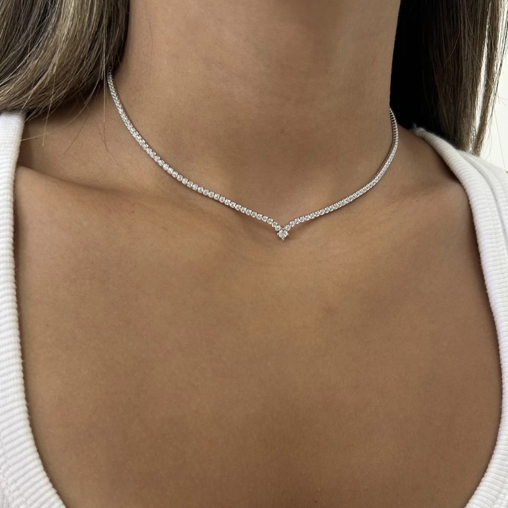 שרשרת טניס וי מיאמי מיוחד בשילוב של זרקון מרכזי משובצץ זרקונים כסף אמיתי 925