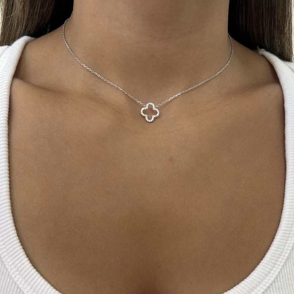 שרשרת תלתן חלול משובץ כסף אמיתי 925