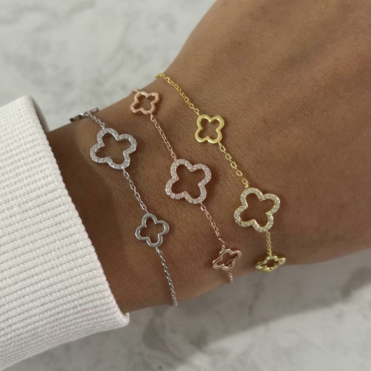 צמיד תלתן חלול כסף אמיתי 925