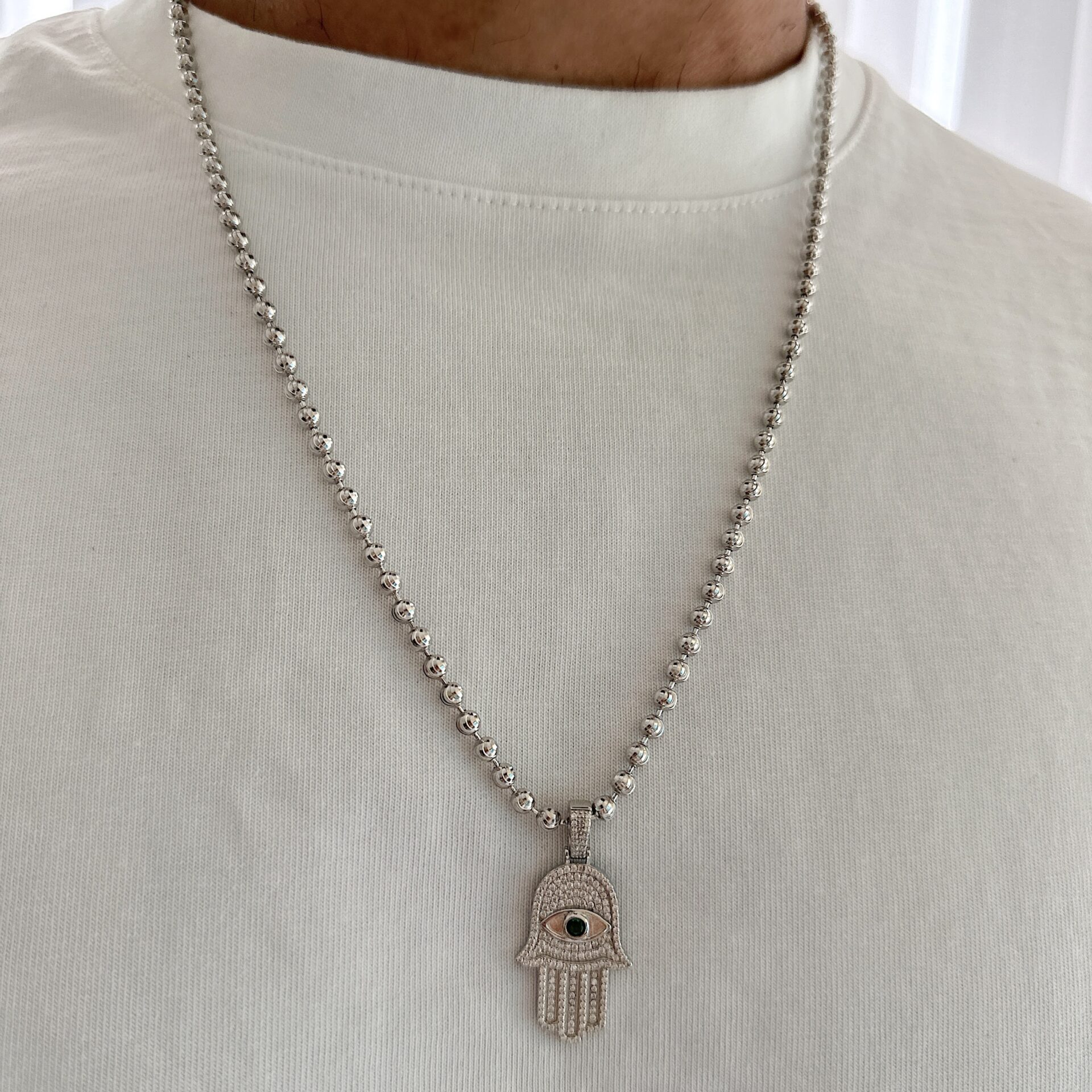 שרשרת כסף אמיתי 925 עם חרוזים ותליון חמסה משובץ זרקונים ועין מרכזית