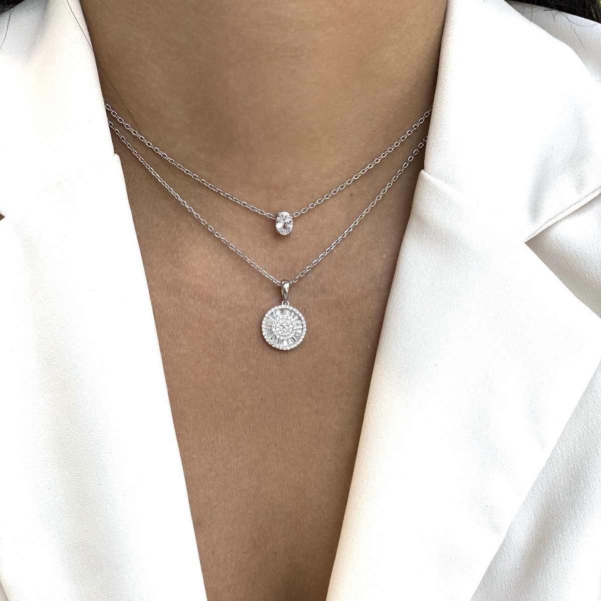 סט שרשראות כסף אמיתי 925 – שרשרת עם תליון עגול משובץ זרקונים ושרשרת עדינה עם תליון יהלום קטן שרשרת אובל קלאסי