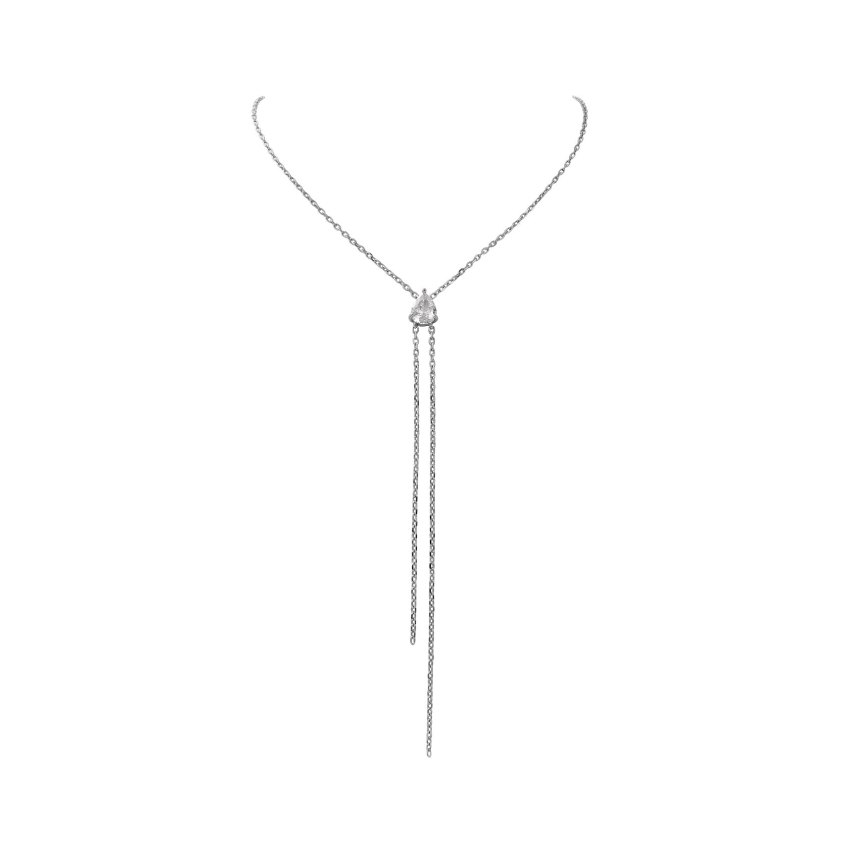 שרשרת כסף אמיתי 925 אלגנטית עם תליון יהלום בצורת טיפה במרכז, ממנו משתלשלות שתי שרשראות דקות באורך שונה לעיצוב מודרני ויוקרתי, על רקע לבן נקי.