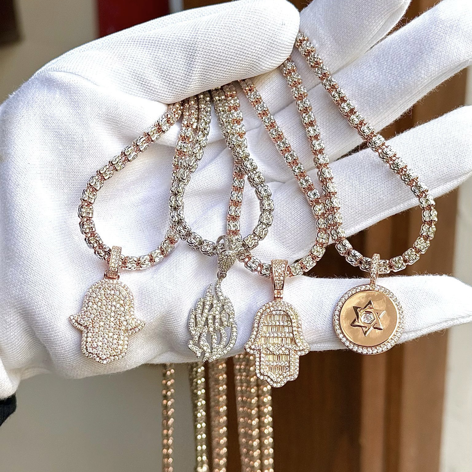 שרשראות כסף אמיתי 925 שרשרת אייס משובצות זרקונים עם תליונים ייחודיים – חמסה, אש, מגן דוד ומדליון יוקרתי