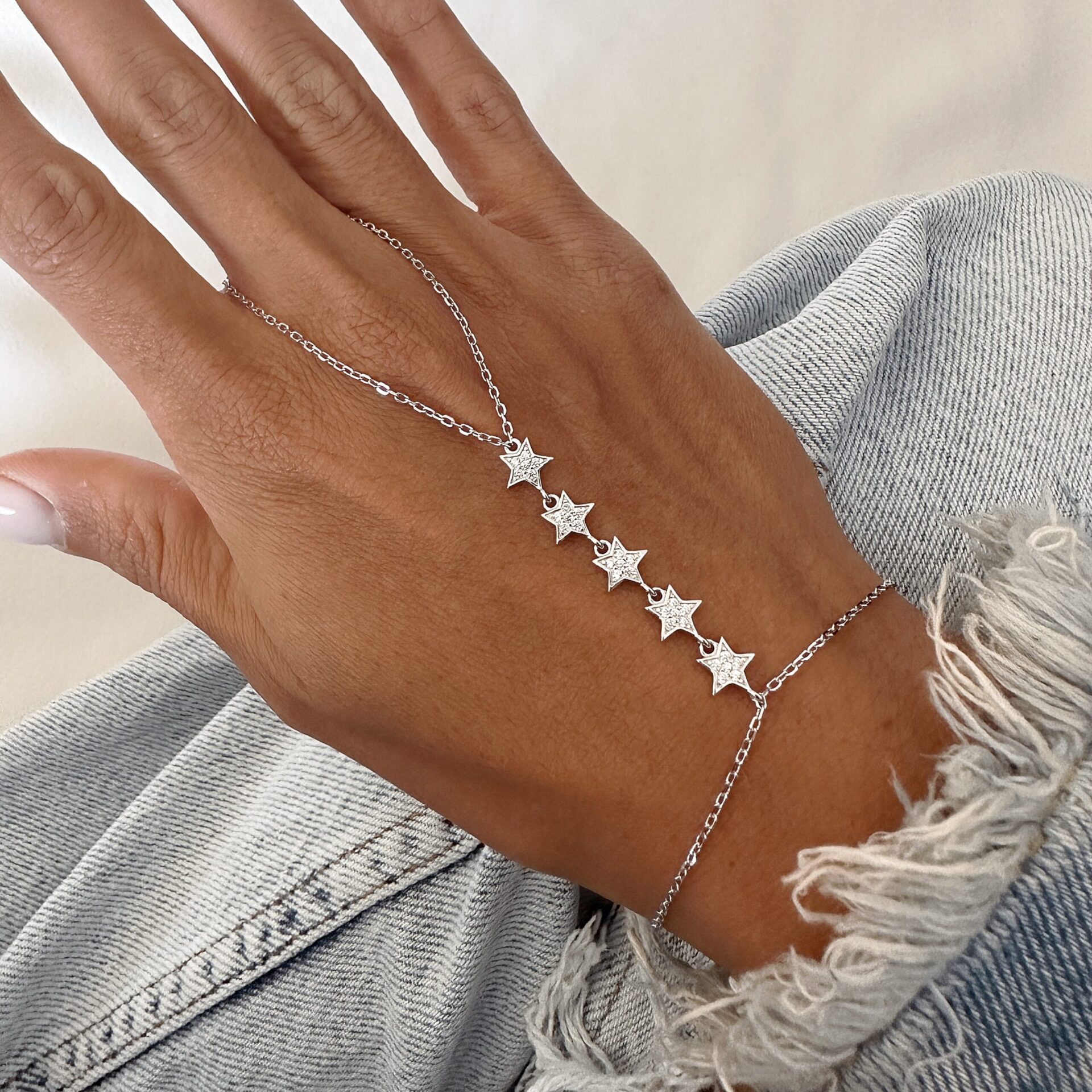 צמיד טבעת כוכבים כסף אמיתי 925 עם חמישה כוכבים משובצים בזרקונים, עיצוב עדין ויוקרתי