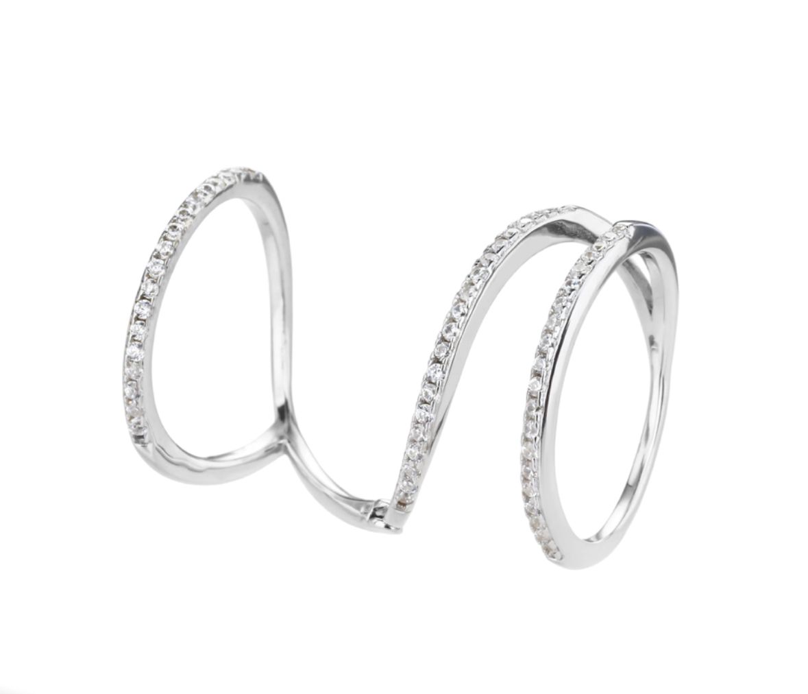 טבעת ספירלה רון כסף אמיתי 925 בעיצוב מודרני כפול משובץ זרקונים